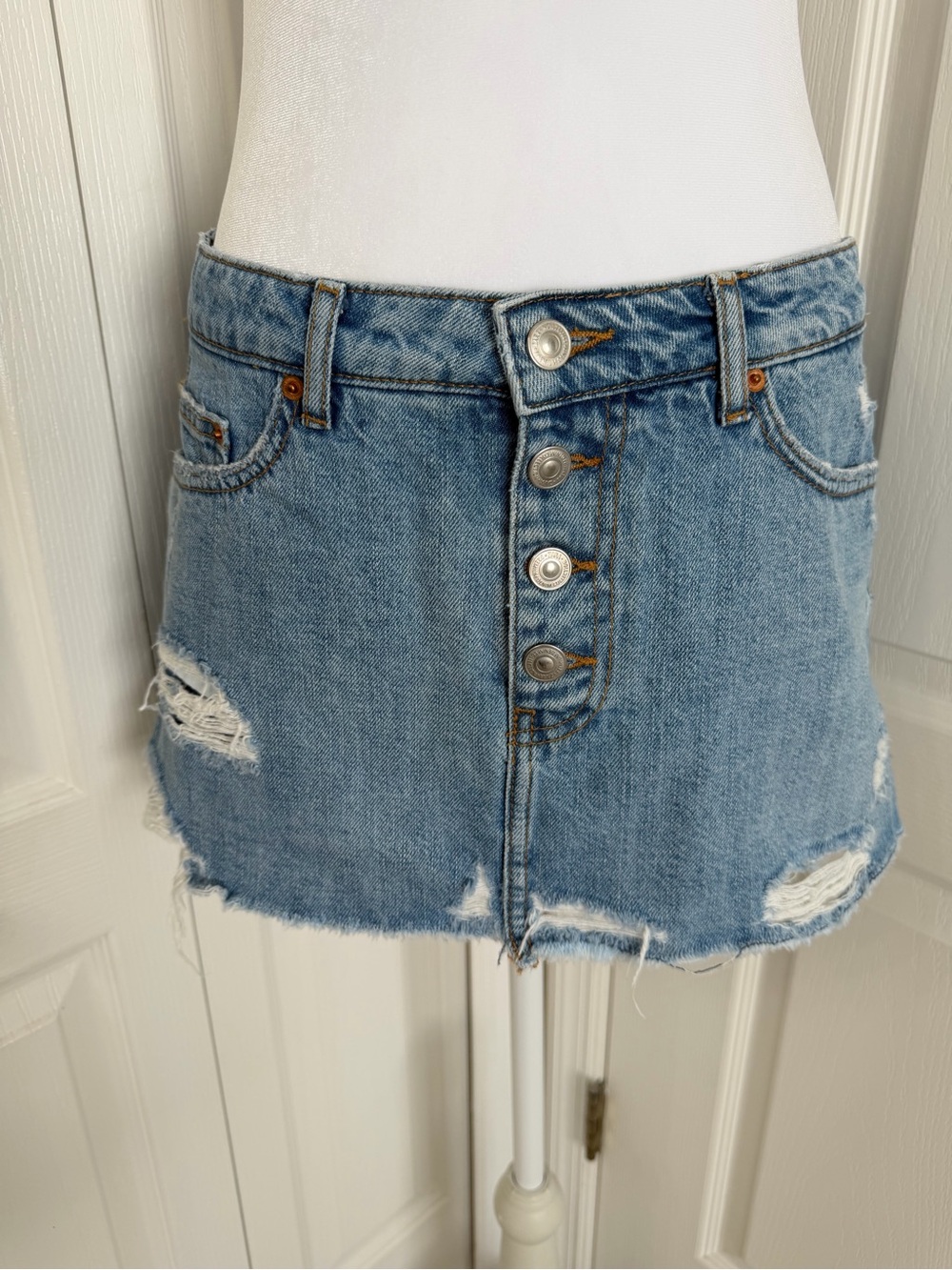 Zara Light Blue Distressed Denim Button-Front Mini Skirt